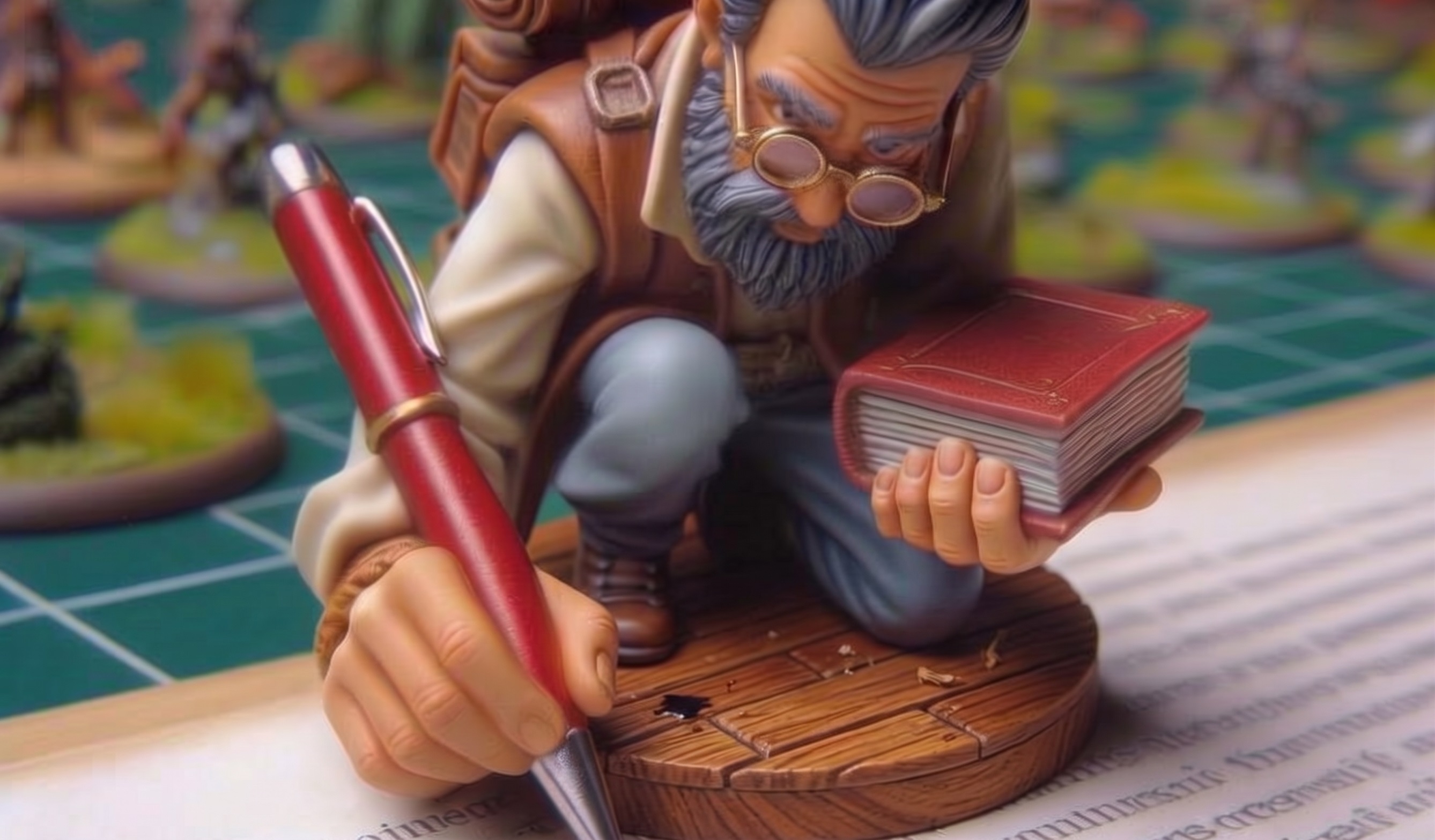 Detailed miniature figurine of a bearded adventurer reviewing a rulebook, representing meticulous game-content editing